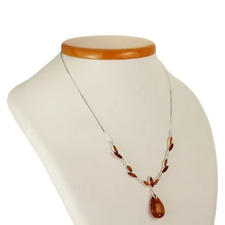 Sterling Silver Honey Baltic Amber Leaf Peardrop Necklace