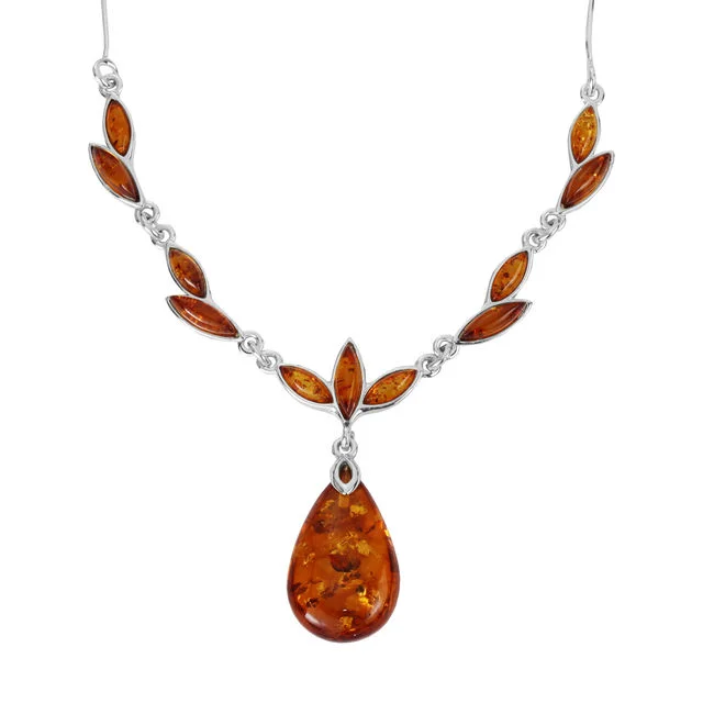 Sterling Silver Honey Baltic Amber Leaf Drop Necklace