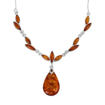 Honey Baltic Amber Sterling Silver Marquise Drop Necklace