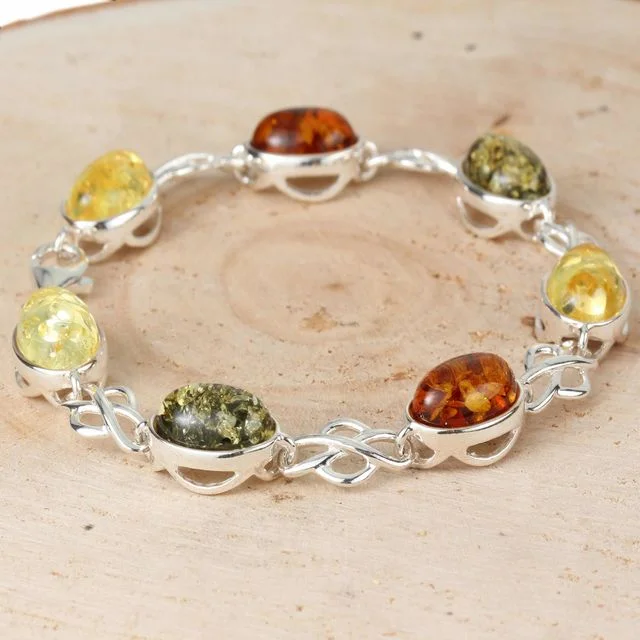 Lemon, Green and Honey Baltic Amber Oval Sterling Silver Bracelet