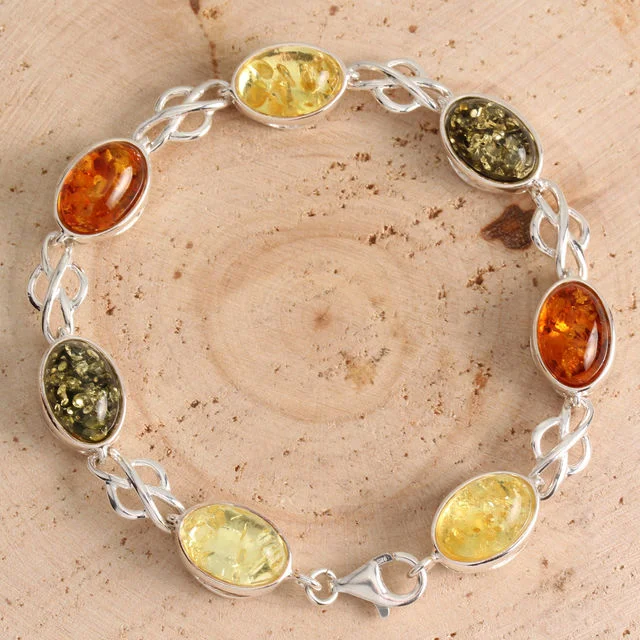 Sterling Silver Multicoloured Baltic Amber Celtic Bracelet