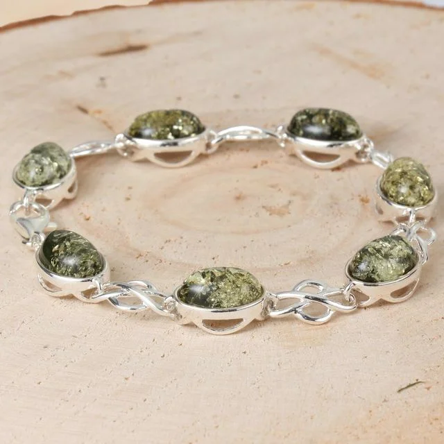 Green Baltic Amber Celtic Style Sterling Silver Bracelet