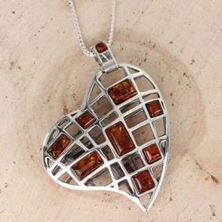 Honey Baltic Amber Heart Sterling Silver Pendant