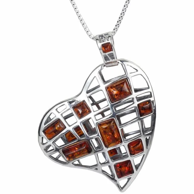 Sterling Silver Honey Baltic Amber Heart Pendant