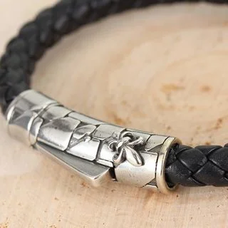 Sterling Silver Mens Imitation Leather Bracelet