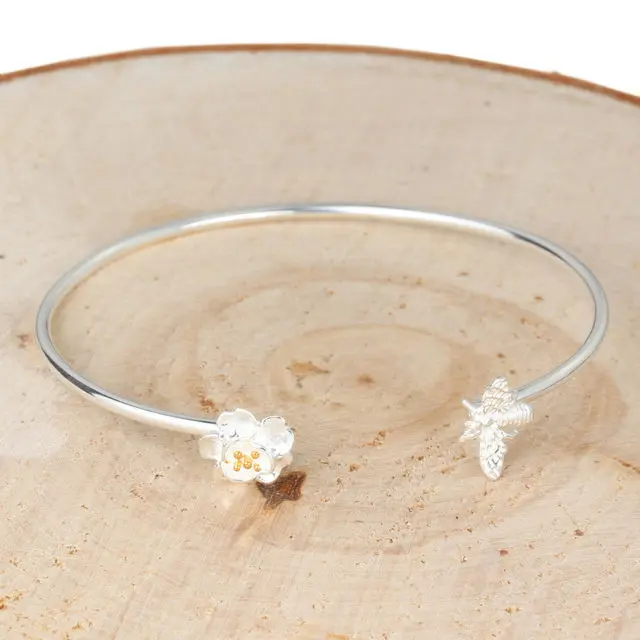 Bee On Flower Sterling Silver Bangle