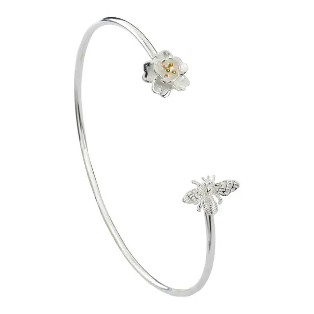 Sterling Silver Bee On Flower Bangle