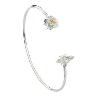 Bee And Flower Sterling Silver Bangle