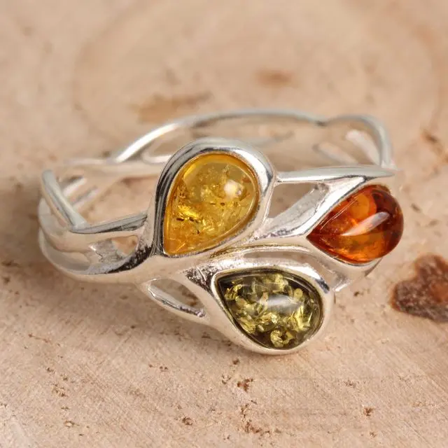 Multicoloured Baltic Amber Sterling Silver Leaf Ring