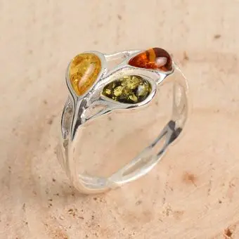 Multicoloured Baltic Amber Leaf Sterling Silver Ring