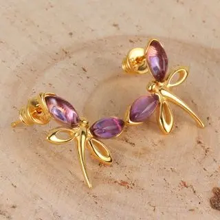 Yellow Gold Plated Sterling Silver Amethyst Dragonfly Stud Earrings