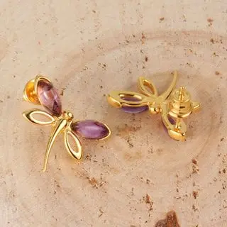 Yellow Gold Sterling Silver Dragonfly Genuine Amethyst Stud Earrings