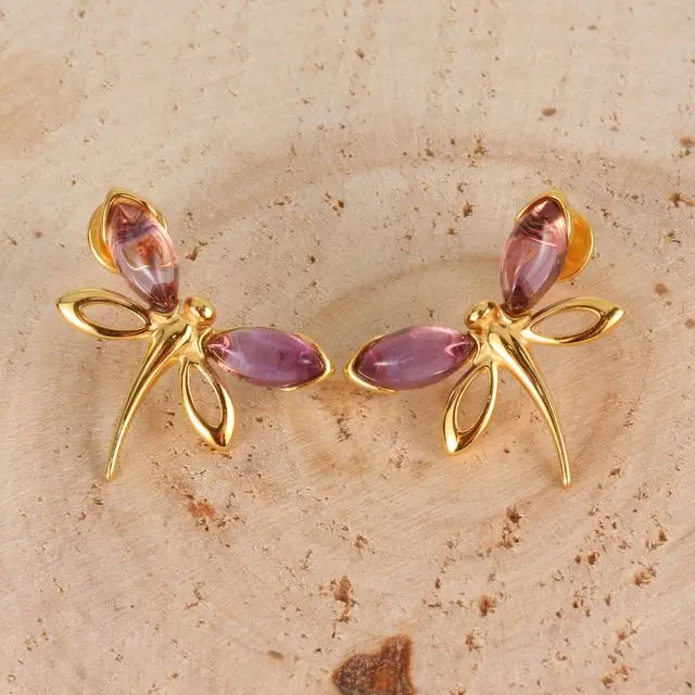 Yellow Gold Plated Sterling Silver Dragonfly Earrings