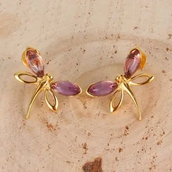 Yellow Gold Plated Sterling Silver Dragonfly Genuine Amethyst Stud Earrings
