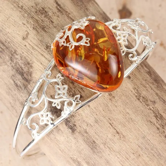 Handmade Sterling Silver Unique Honey Baltic Amber Bangle