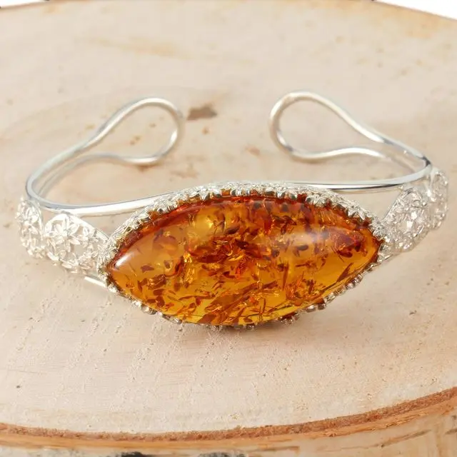 Honey Baltic Amber Sterling Silver Unique Handmade Bangle