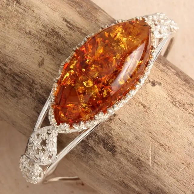Sterling Silver Honey Baltic Amber Unique Bangle