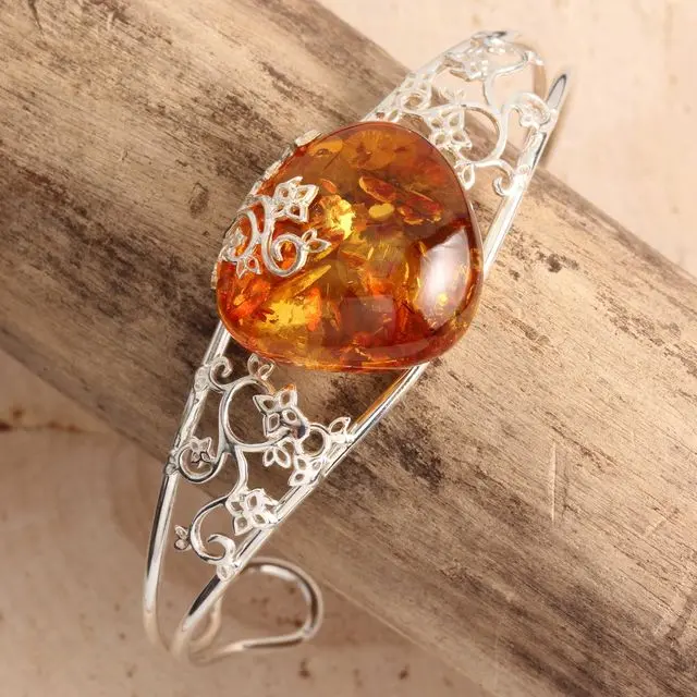 Handmade Honey Baltic Amber Unique Sterling Silver Bangle