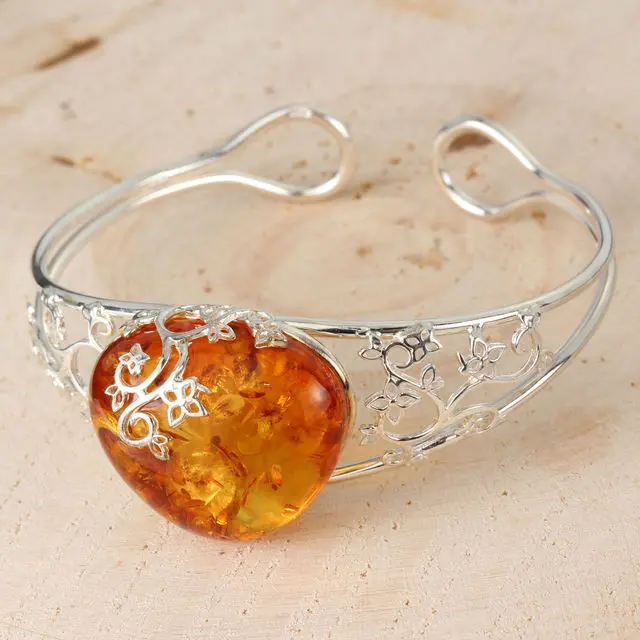 Sterling Silver Honey Baltic Amber Unique Bangle