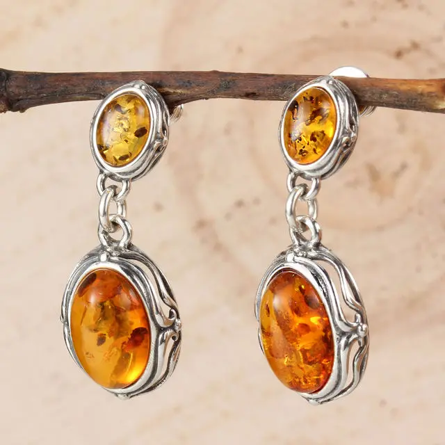 Honey Baltic Amber Double Drop Scroll Sterling Silver Drop Earrings