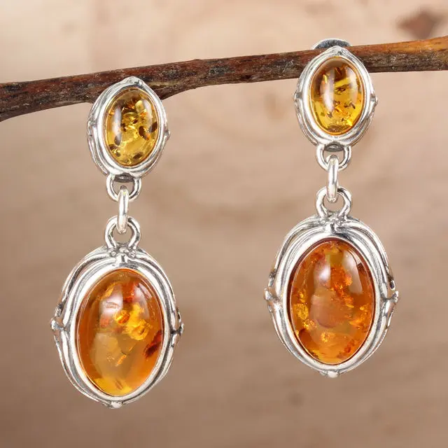 Sterling Silver Honey Baltic Amber Double Drop Scroll Earrings