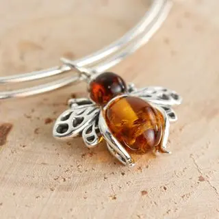 Honey Baltic Amber Bee Sterling Silver Bangle