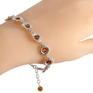 Adjustable Baltic Amber 925 Sterling Silver Sunflower Bracelet