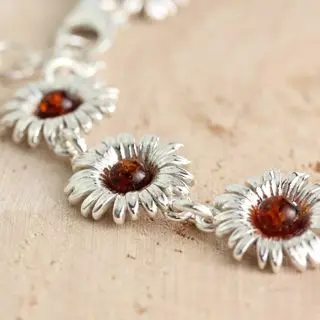 Cognac Baltic Amber Sterling Silver Sunflower Bracelet