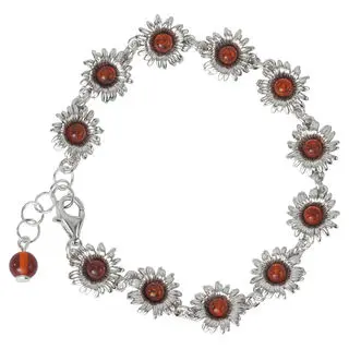 Cognac Baltic Amber Sunflower Sterling Silver Adjustable Bracelet