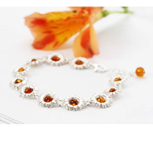 Honey Baltic Amber 925 Sterling Silver Adjustable Sunflower Bracelet
