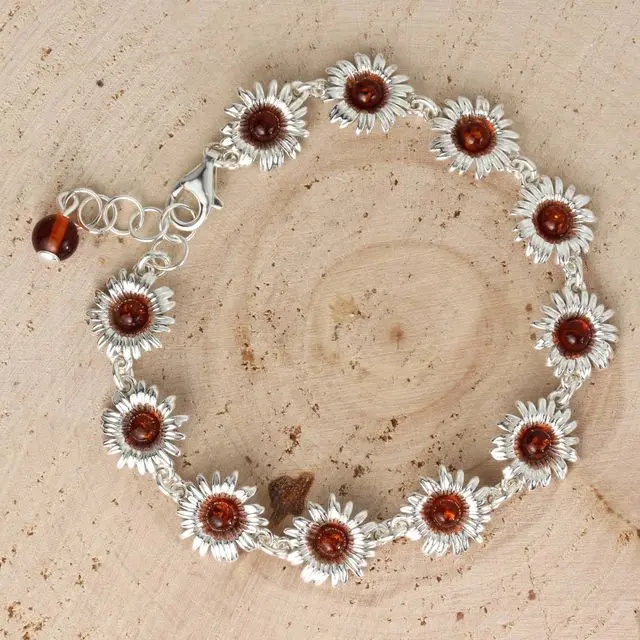 Sterling Silver Cognac Baltic Amber Adjustable Sunflower Bracelet