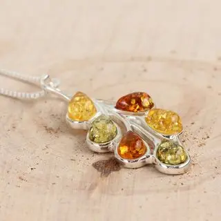 Leaves Multicoloured Baltic Amber Silver Pendant