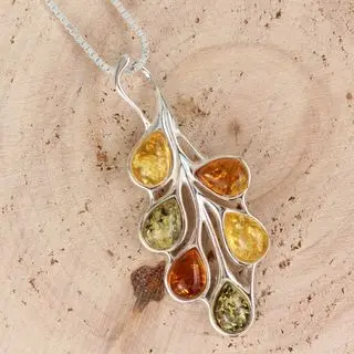 Multicoloured Baltic Amber Leaves Sterling Silver Pendant