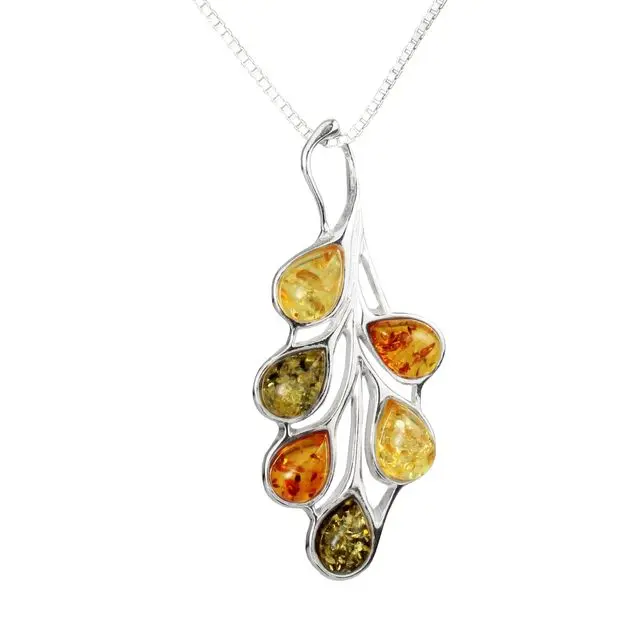 Sterling Silver Multicoloured Baltic Amber Leaves Pendant 