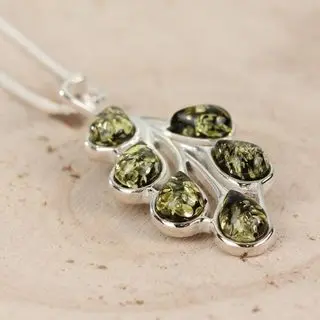 Green baltic Amber Leaves Sterling Silver Pendant