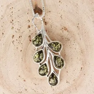 Sterling Silver Green Baltic Amber Leaves Pendant
