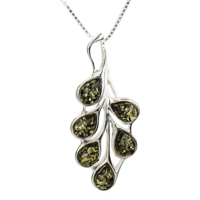 Green Baltic Amber Sterling Silver Leaves Pendant