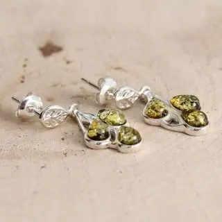 Green Baltic Amber Leaves Sterling Silver Earrings