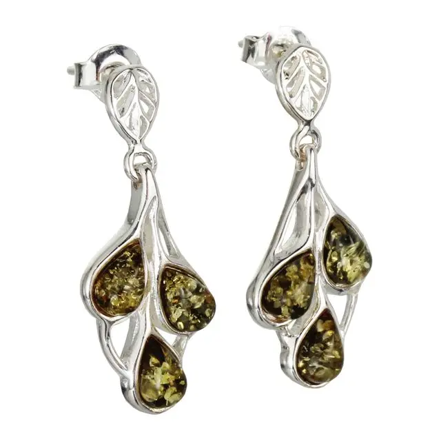 Sterling Silver Leaves Green Baltic Amber Earrings