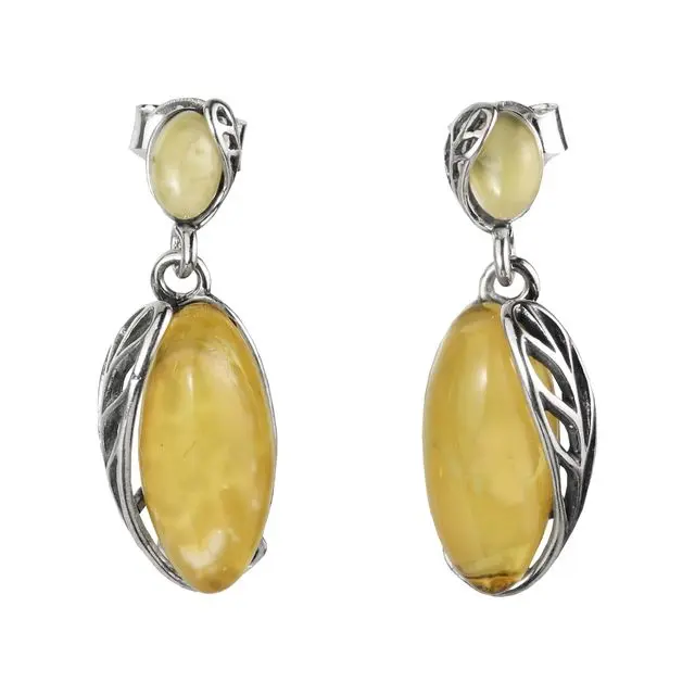Sterling Silver Milky Amber Leaf Earrings
