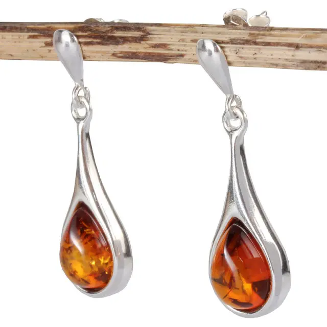 Sterling Silver Pear Drop Cognac Baltic Amber Earrings