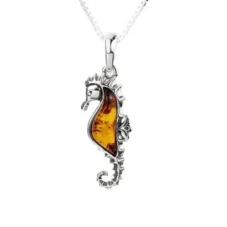 925 Sterling Silver Seahorse Amber Pendant