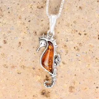 Honey Baltic Amber 925 Sterling Silver Seahorse Pendant