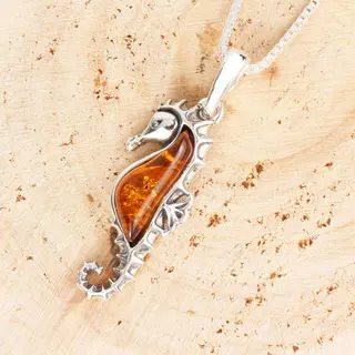 Sterling Silver Baltic Amber Seahorse Pendant