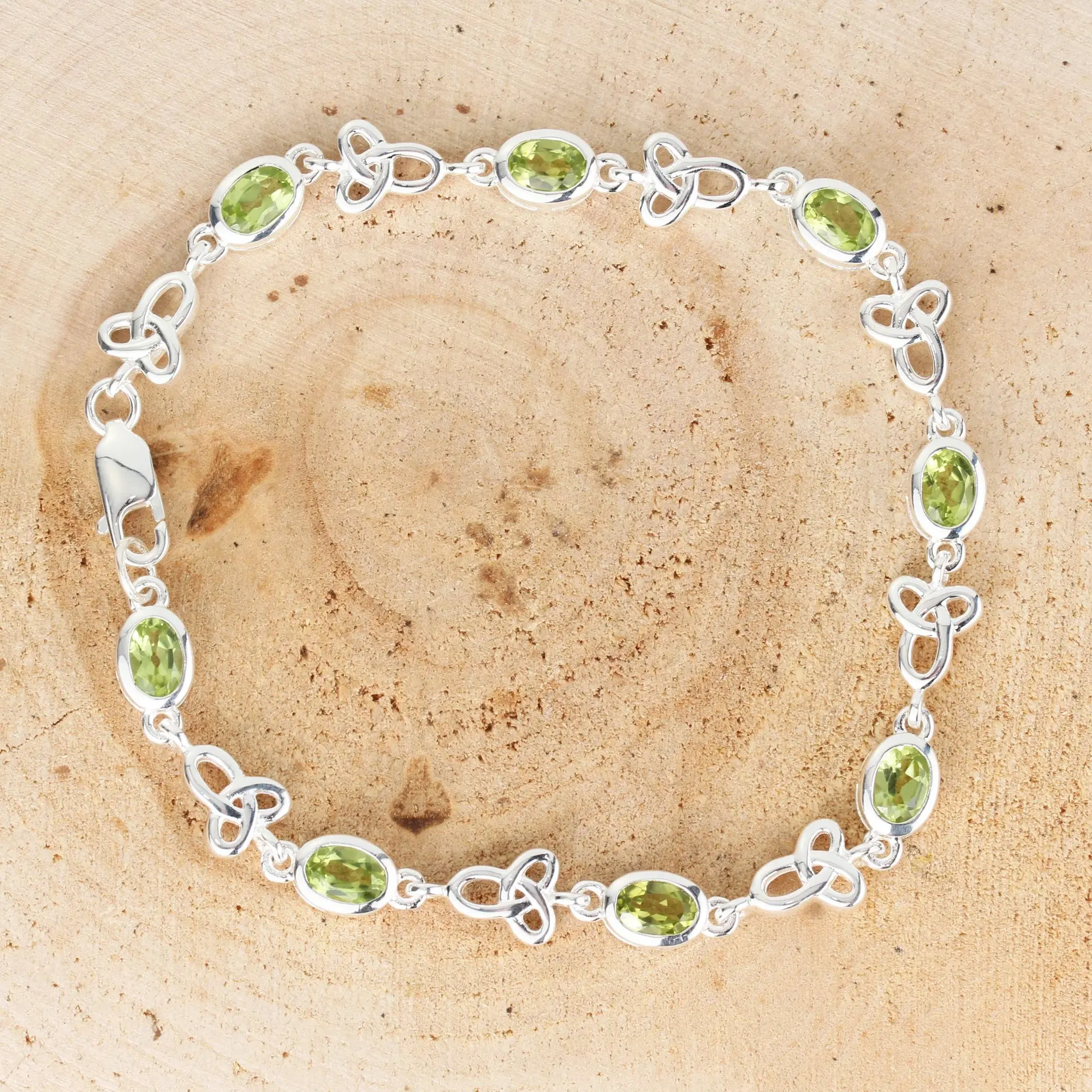 Natural Peridot 925 Sterling Silver Oval Gemstone Bracelet - Handmade, Bezel Set, Green, 7.5 Inch (SK1308)