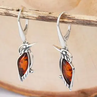 Honey Baltic Amber Sterling Silver Kingfisher Earrings