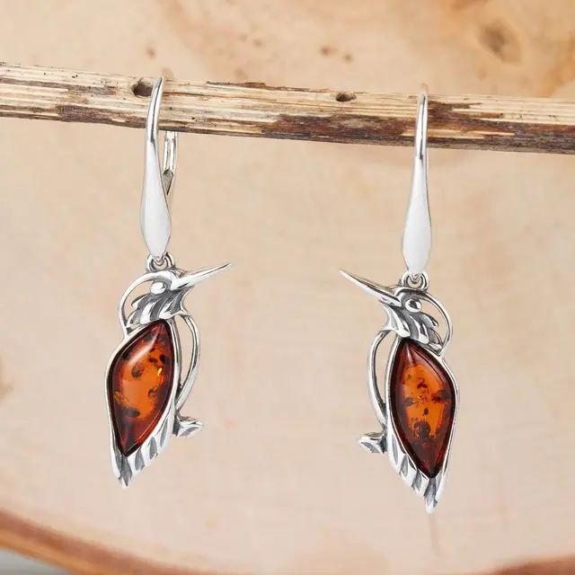 Sterling Silver Honey Baltic Amber Kingfisher Drop Earrings