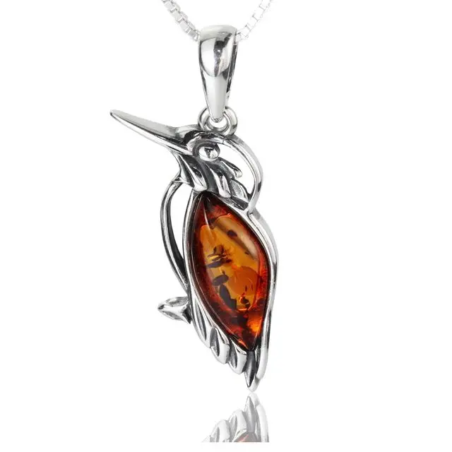 Honey Baltic Amber Sterling Silver Kingfisher Pendant