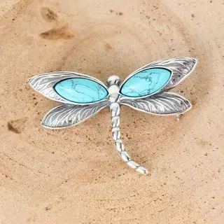 Turquoise Dragonfly Oxidised Sterling Silver Brooch