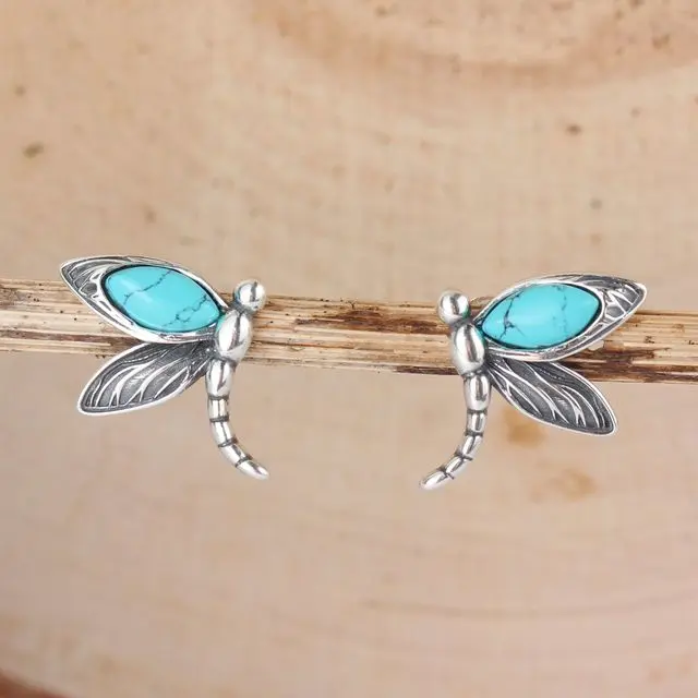 Turquoise Dragonfly Oxidised Sterling Silver Stud Earrings